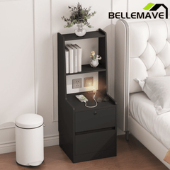 Bellemave® Modern Smart Nightstand with Night Light & Charging Station, Night Stand with Bookshelf, Lockable Bedside Cabinet Tables with 2 Storage Drawers for Bedroom Home Office - Bellemave