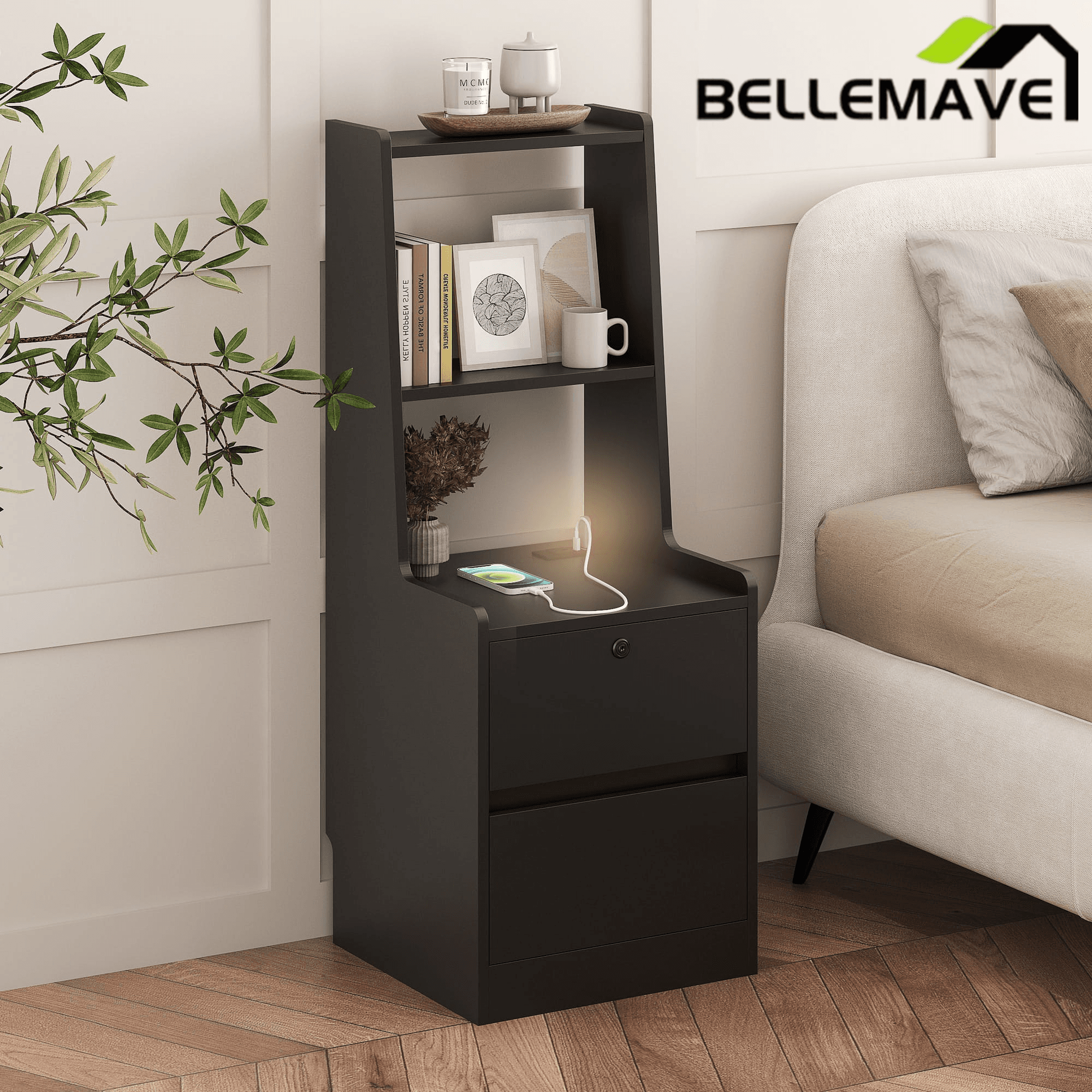 Bellemave® Modern Smart Nightstand with Night Light & Charging Station, Night Stand with Bookshelf, Lockable Bedside Cabinet Tables with 2 Storage Drawers for Bedroom Home Office - Bellemave