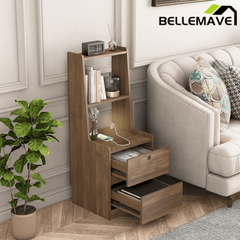 Bellemave® Modern Smart Nightstand with Night Light & Charging Station, Night Stand with Bookshelf, Lockable Bedside Cabinet Tables with 2 Storage Drawers for Bedroom Home Office - Bellemave