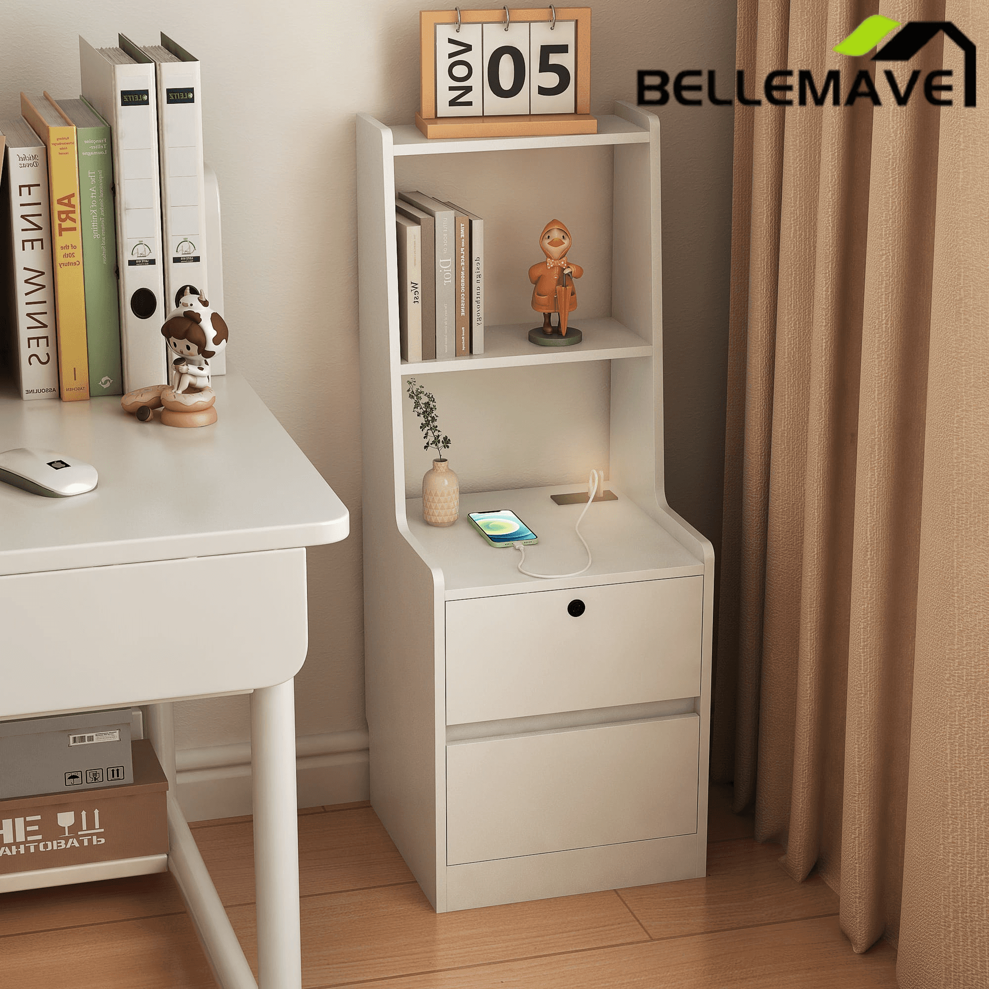 Bellemave® Modern Smart Nightstand with Night Light & Charging Station, Night Stand with Bookshelf, Lockable Bedside Cabinet Tables with 2 Storage Drawers for Bedroom Home Office - Bellemave
