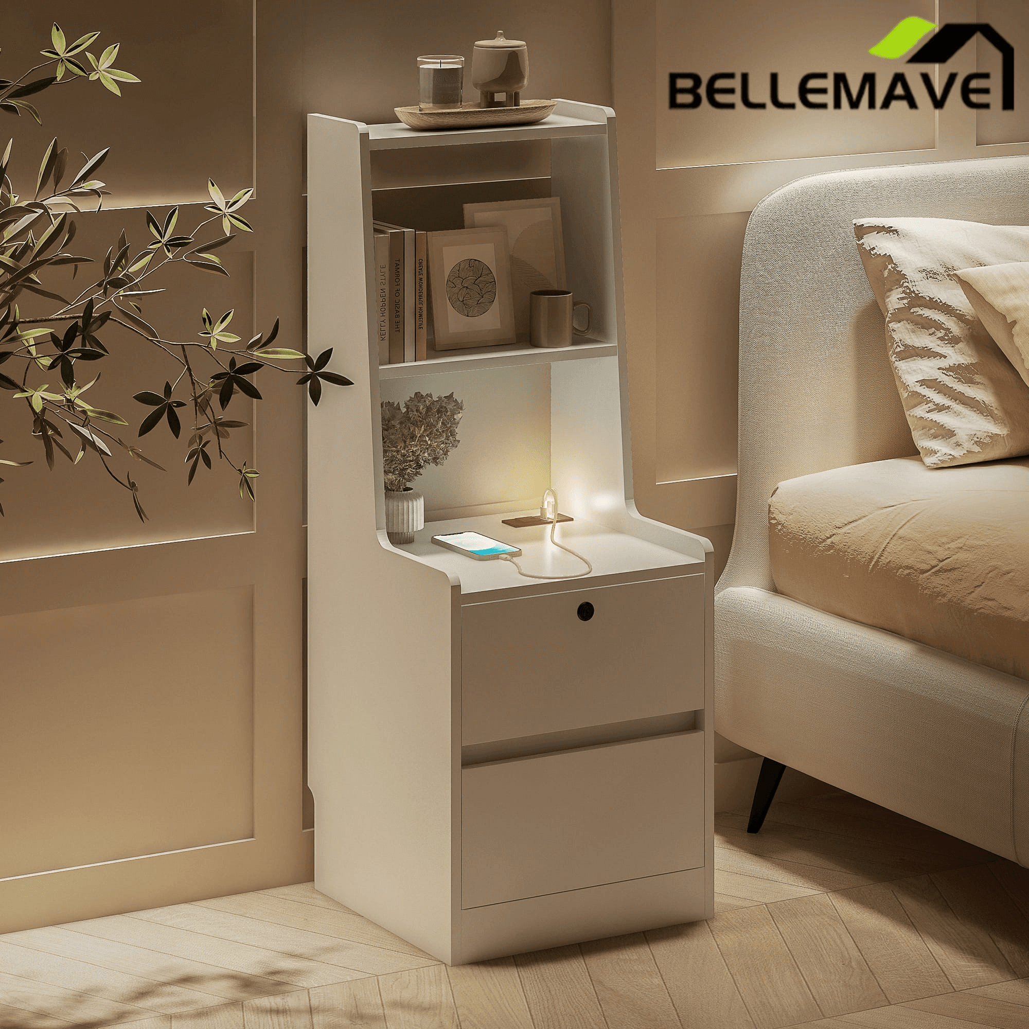 Bellemave® Modern Smart Nightstand with Night Light & Charging Station, Night Stand with Bookshelf, Lockable Bedside Cabinet Tables with 2 Storage Drawers for Bedroom Home Office - Bellemave