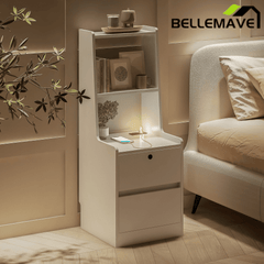Bellemave® Modern Smart Nightstand with Night Light & Charging Station, Night Stand with Bookshelf, Lockable Bedside Cabinet Tables with 2 Storage Drawers for Bedroom Home Office - Bellemave