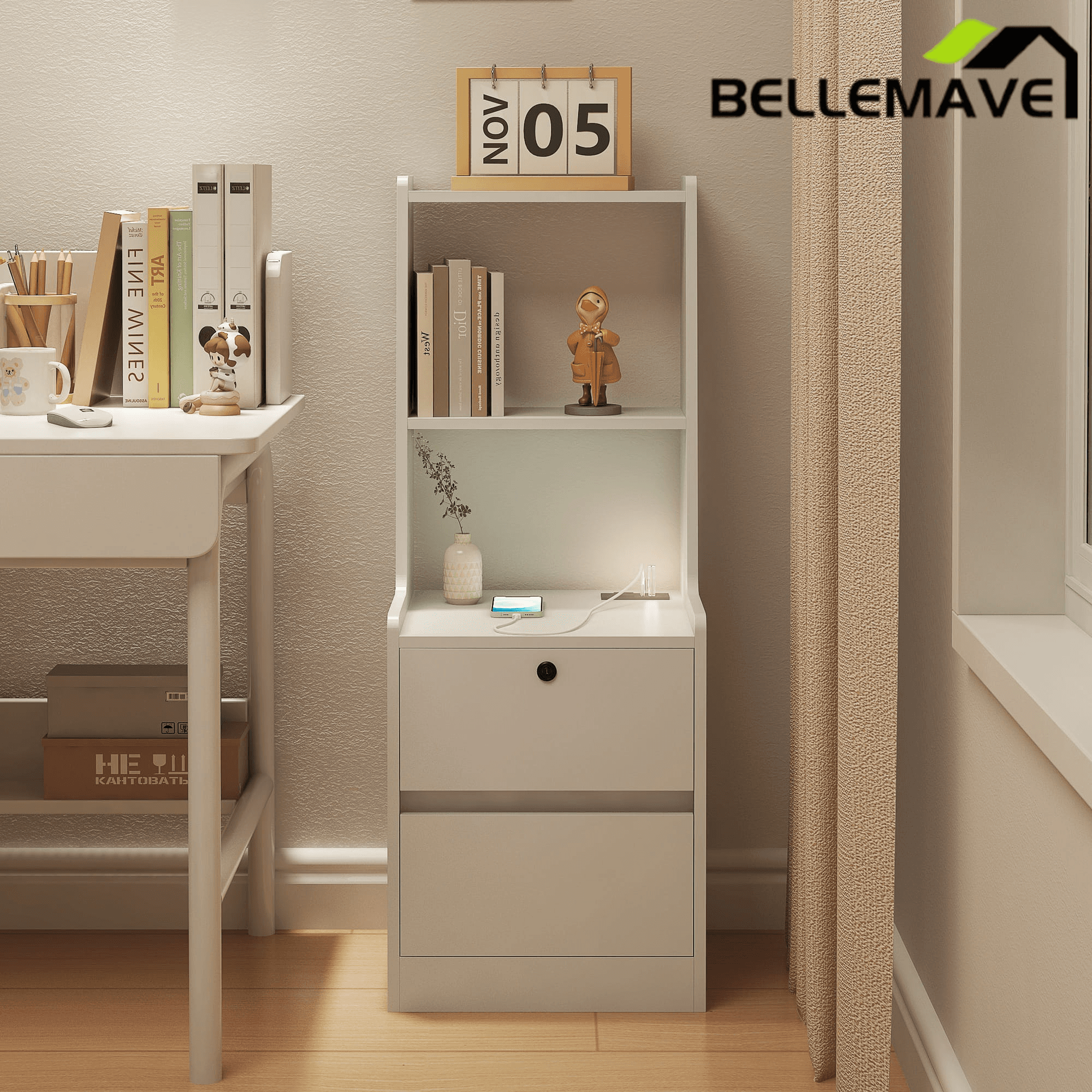 Bellemave® Modern Smart Nightstand with Night Light & Charging Station, Night Stand with Bookshelf, Lockable Bedside Cabinet Tables with 2 Storage Drawers for Bedroom Home Office - Bellemave