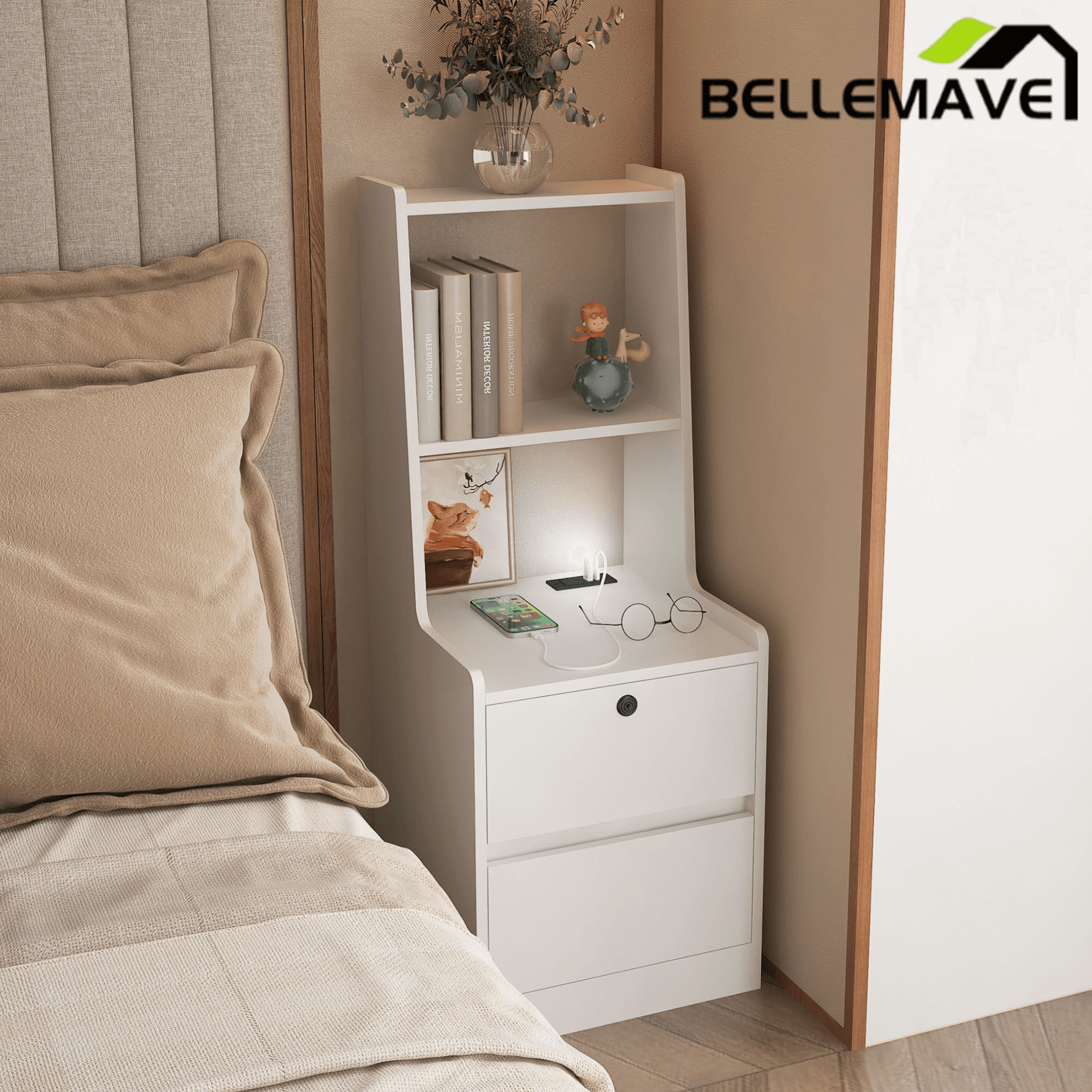 Bellemave® Modern Smart Nightstand with Night Light & Charging Station, Night Stand with Bookshelf, Lockable Bedside Cabinet Tables with 2 Storage Drawers for Bedroom Home Office - Bellemave