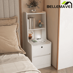 Bellemave® Modern Smart Nightstand with Night Light & Charging Station, Night Stand with Bookshelf, Lockable Bedside Cabinet Tables with 2 Storage Drawers for Bedroom Home Office - Bellemave