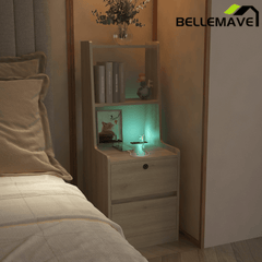 Bellemave® Modern Smart Nightstand with Night Light & Charging Station, Night Stand with Bookshelf, Lockable Bedside Cabinet Tables with 2 Storage Drawers for Bedroom Home Office - Bellemave