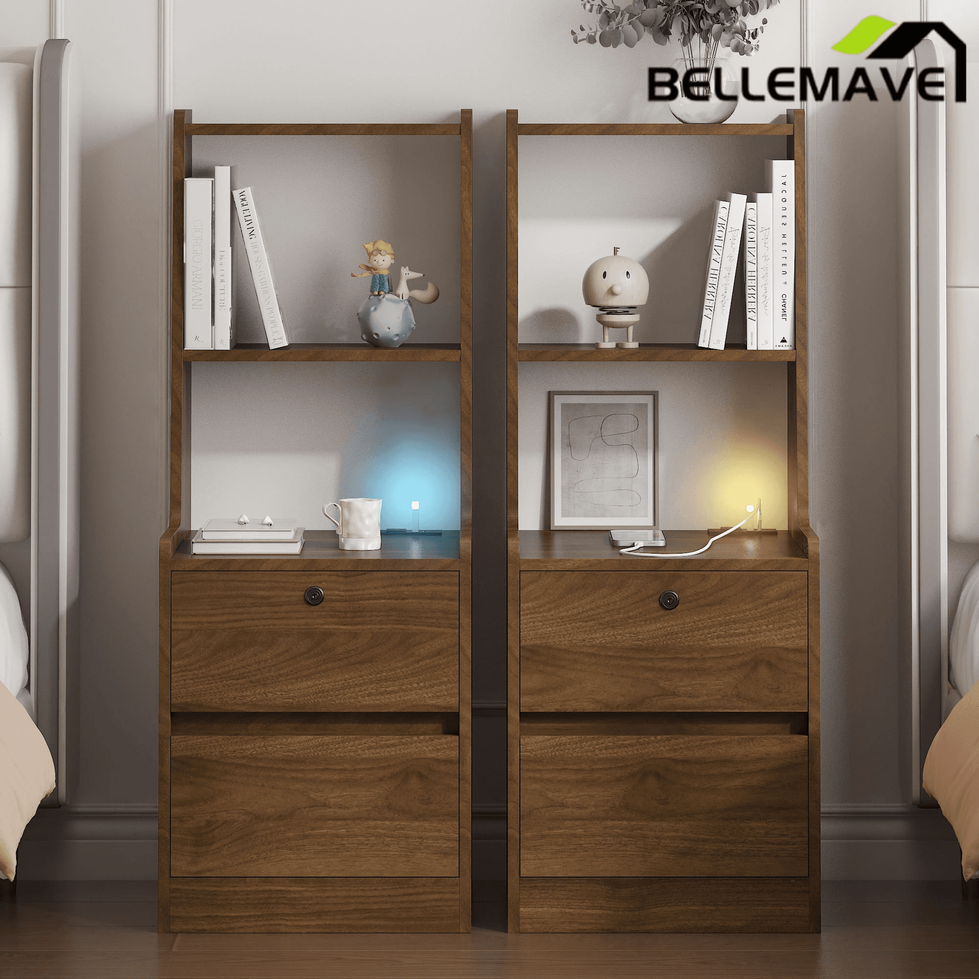 Bellemave® Modern Smart Nightstand with Night Light & Charging Station, Night Stand with Bookshelf, Lockable Bedside Cabinet Tables with 2 Storage Drawers for Bedroom Home Office - Bellemave