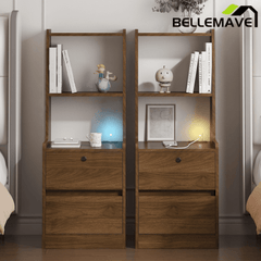 Bellemave® Modern Smart Nightstand with Night Light & Charging Station, Night Stand with Bookshelf, Lockable Bedside Cabinet Tables with 2 Storage Drawers for Bedroom Home Office - Bellemave