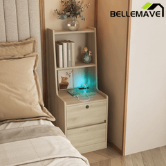 Bellemave® Modern Smart Nightstand with Night Light & Charging Station, Night Stand with Bookshelf, Lockable Bedside Cabinet Tables with 2 Storage Drawers for Bedroom Home Office - Bellemave