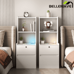 Bellemave® Modern Smart Nightstand with Night Light & Charging Station, Night Stand with Bookshelf, Lockable Bedside Cabinet Tables with 2 Storage Drawers for Bedroom Home Office - Bellemave