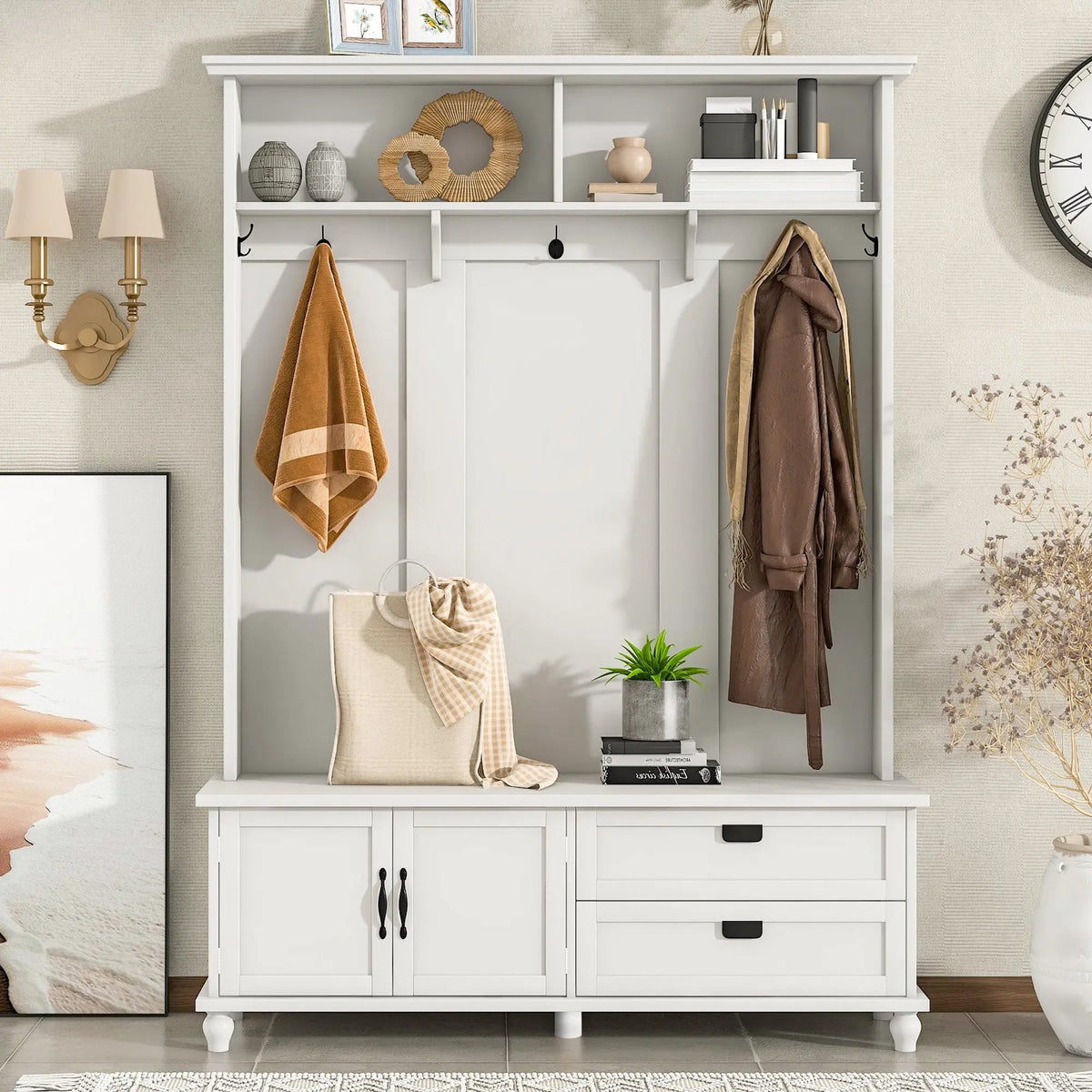 Bellemave® Modern Style Hall Tree with Storage Cabinet and 2 Large Drawers, Wide Mudroom Bench with 5 Coat Hooks - Bellemave