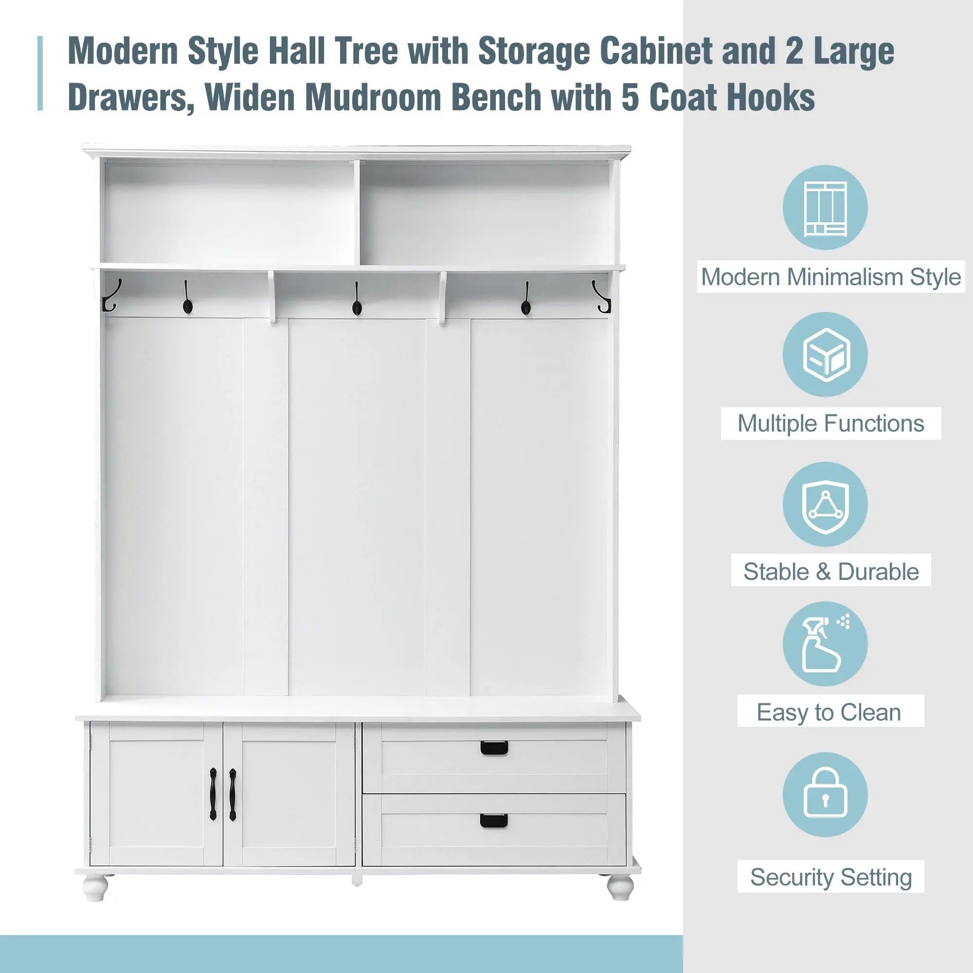 Bellemave® Modern Style Hall Tree with Storage Cabinet and 2 Large Drawers, Wide Mudroom Bench with 5 Coat Hooks - Bellemave