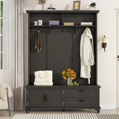 Bellemave® Modern Style Hall Tree with Storage Cabinet and 2 Large Drawers, Wide Mudroom Bench with 5 Coat Hooks - Bellemave