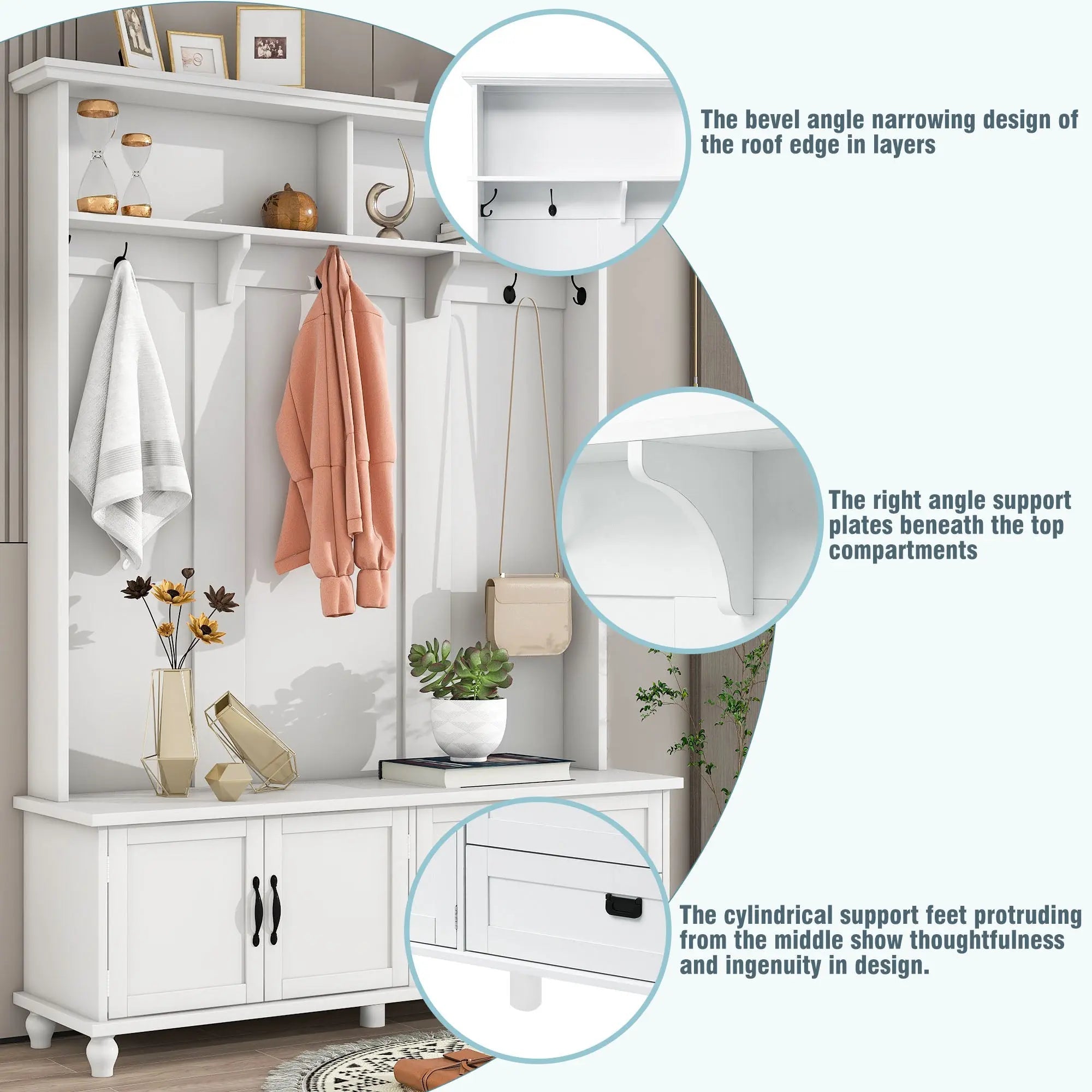 Bellemave® Modern Style Hall Tree with Storage Cabinet and 2 Large Drawers, Wide Mudroom Bench with 5 Coat Hooks - Bellemave