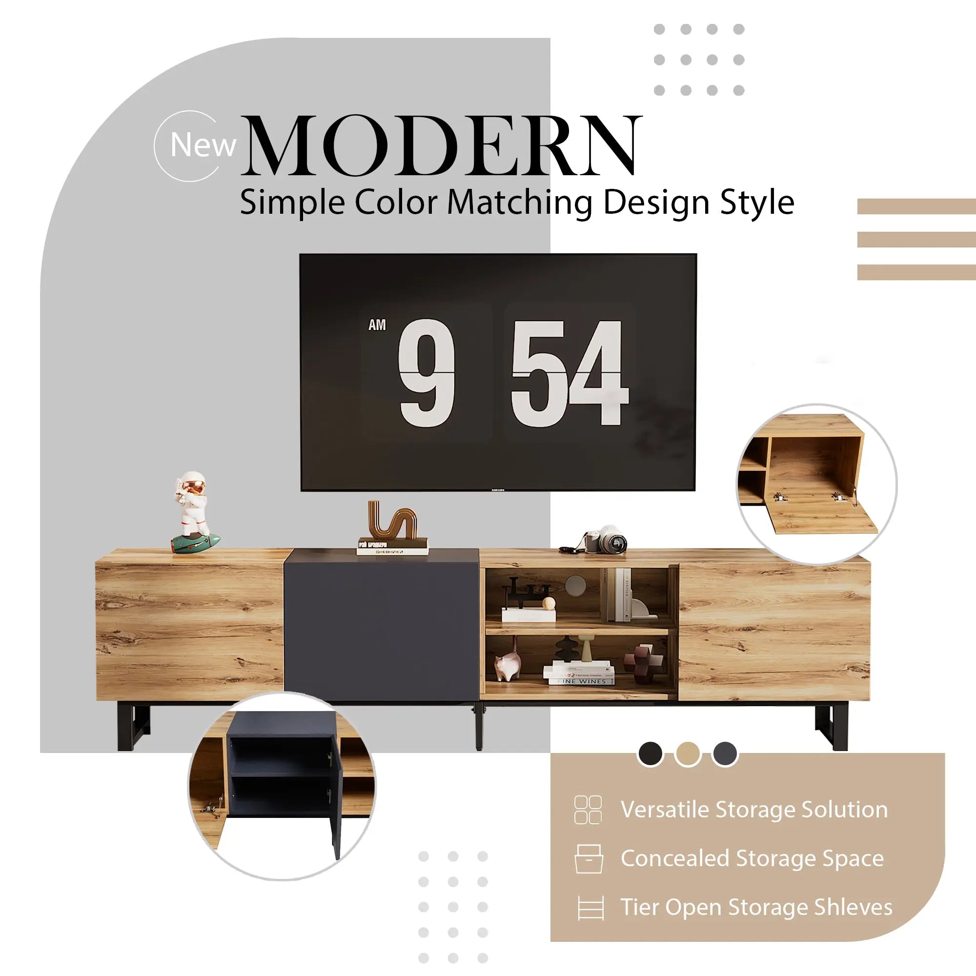 Bellemave® Modern TV with 3 Cabinets& Open Shelves - Bellemave