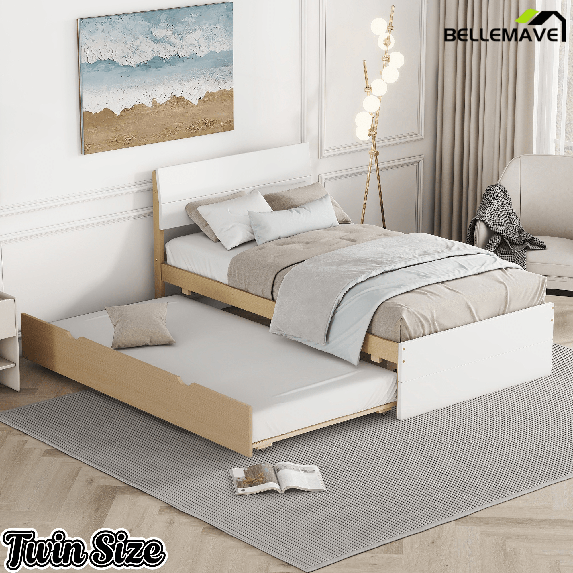 Bellemave® Modern Twin Bed Frame with Trundle, Platform Bed with High Gloss Headboard & Footboard, No Box Spring Needed - Bellemave