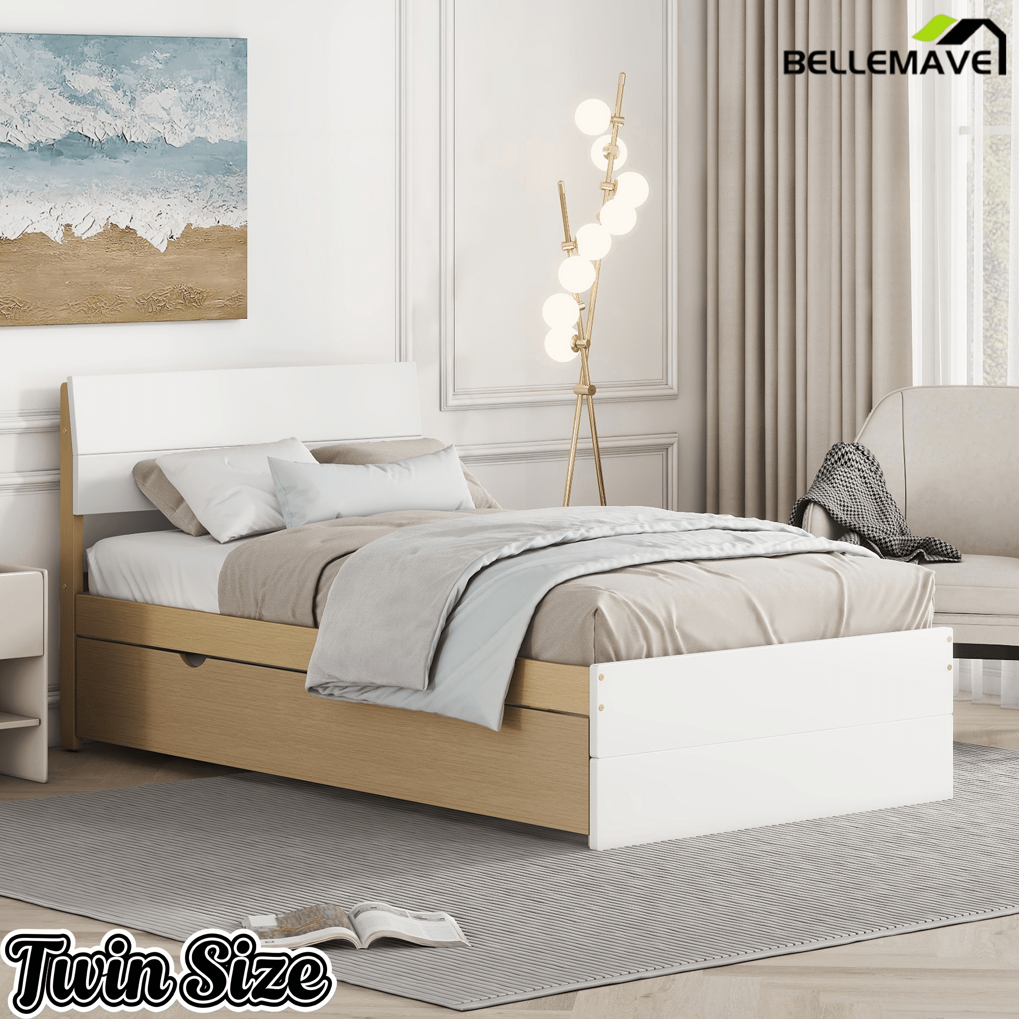 Bellemave® Modern Twin Bed Frame with Trundle, Platform Bed with High Gloss Headboard & Footboard, No Box Spring Needed - Bellemave