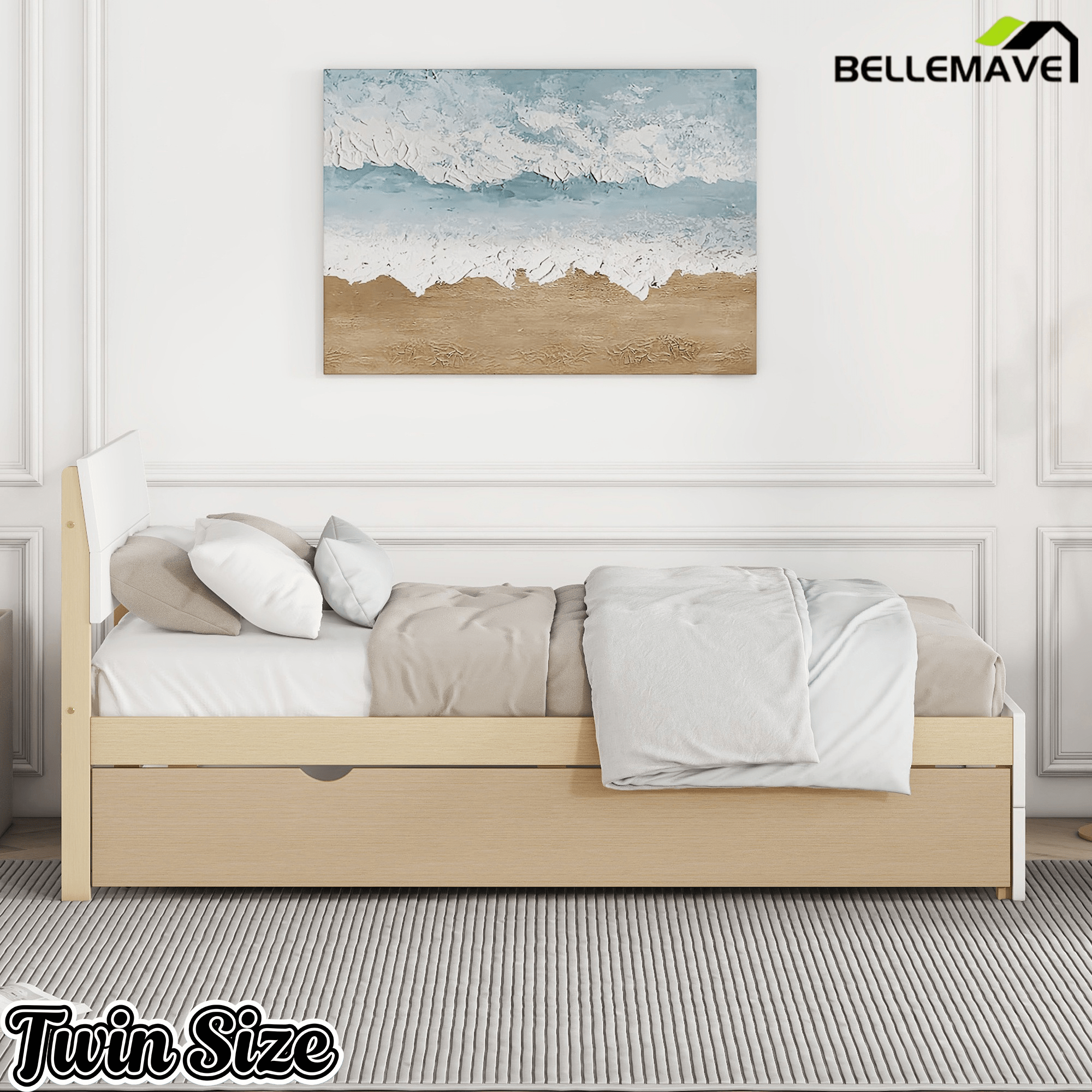 Bellemave® Modern Twin Bed Frame with Trundle, Platform Bed with High Gloss Headboard & Footboard, No Box Spring Needed - Bellemave