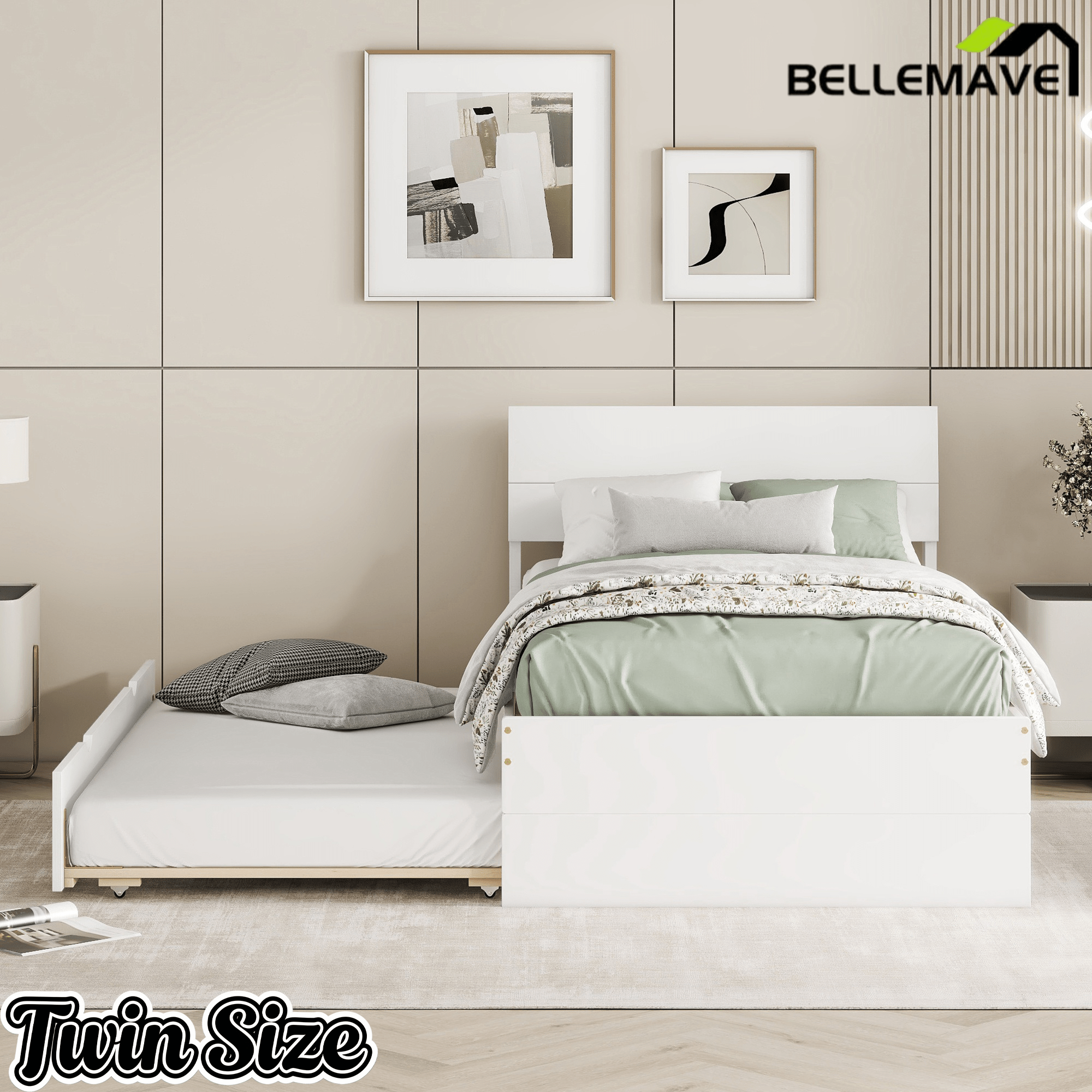 Bellemave® Modern Twin Bed Frame with Trundle, Platform Bed with High Gloss Headboard & Footboard, No Box Spring Needed - Bellemave