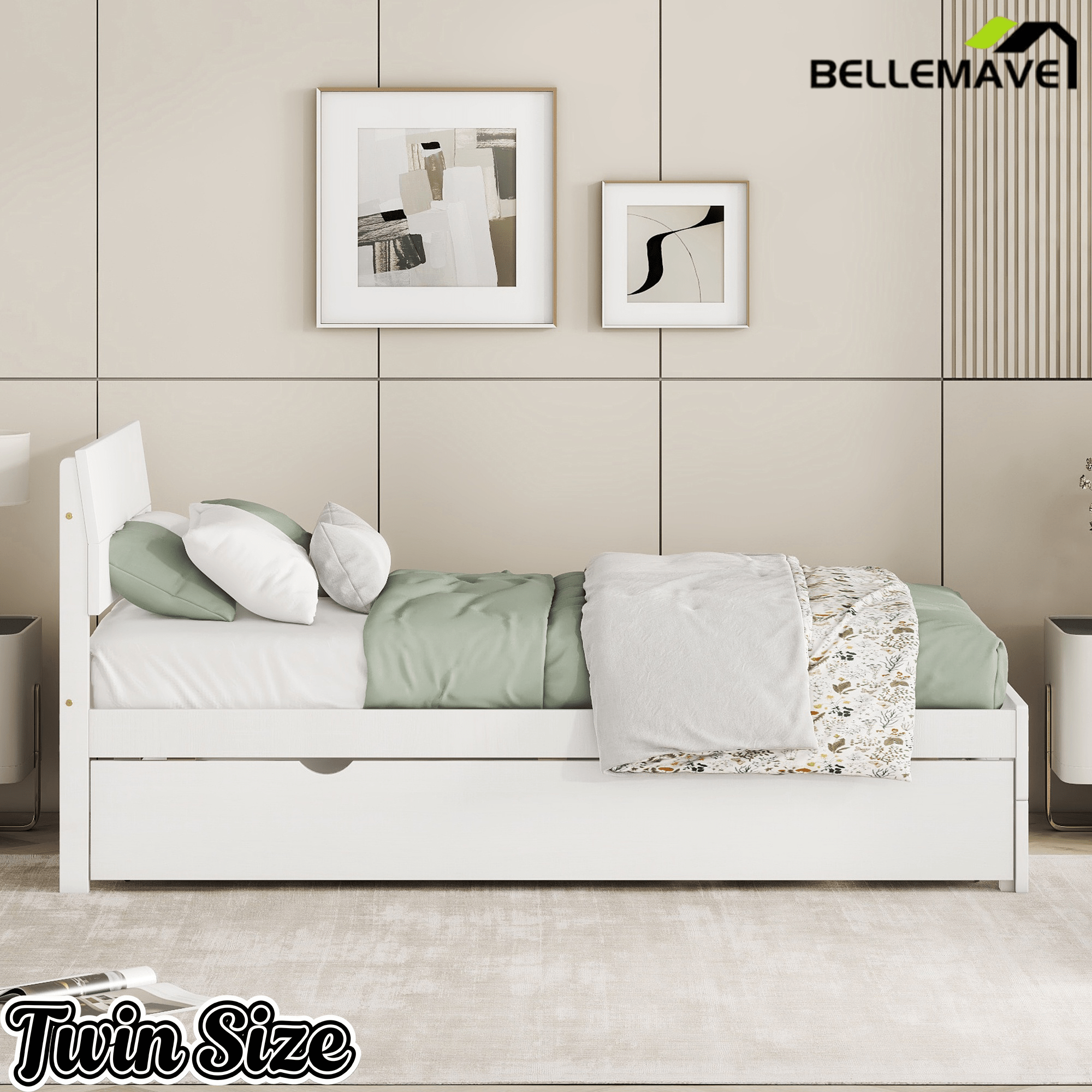 Bellemave® Modern Twin Bed Frame with Trundle, Platform Bed with High Gloss Headboard & Footboard, No Box Spring Needed - Bellemave