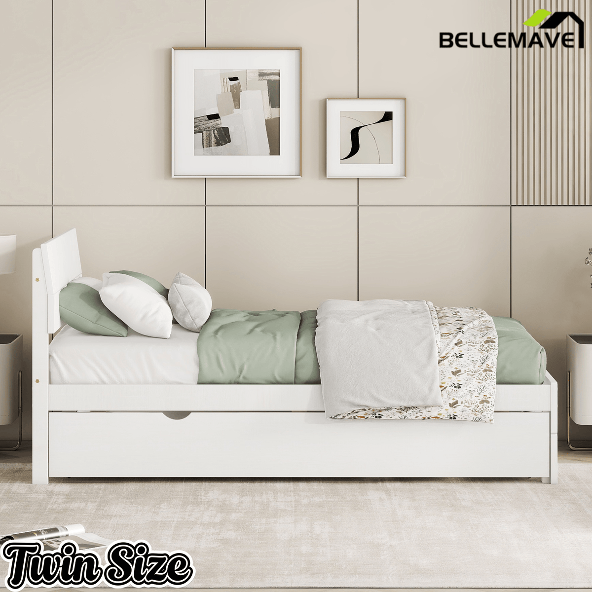 Bellemave® Modern Twin Bed Frame with Trundle, Platform Bed with High Gloss Headboard & Footboard, No Box Spring Needed - Bellemave