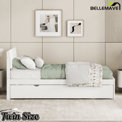 Bellemave® Modern Twin Bed Frame with Trundle, Platform Bed with High Gloss Headboard & Footboard, No Box Spring Needed - Bellemave