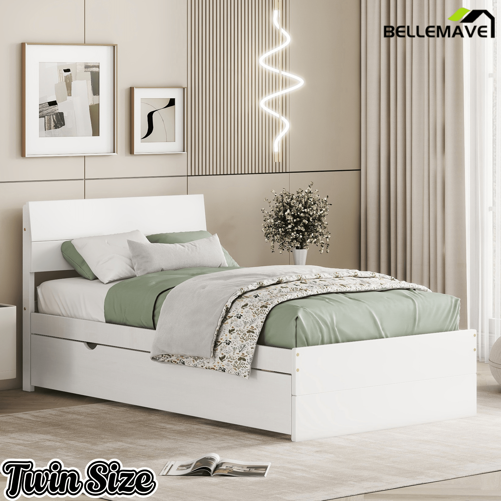 Bellemave® Modern Twin Bed Frame with Trundle, Platform Bed with High Gloss Headboard & Footboard, No Box Spring Needed - Bellemave