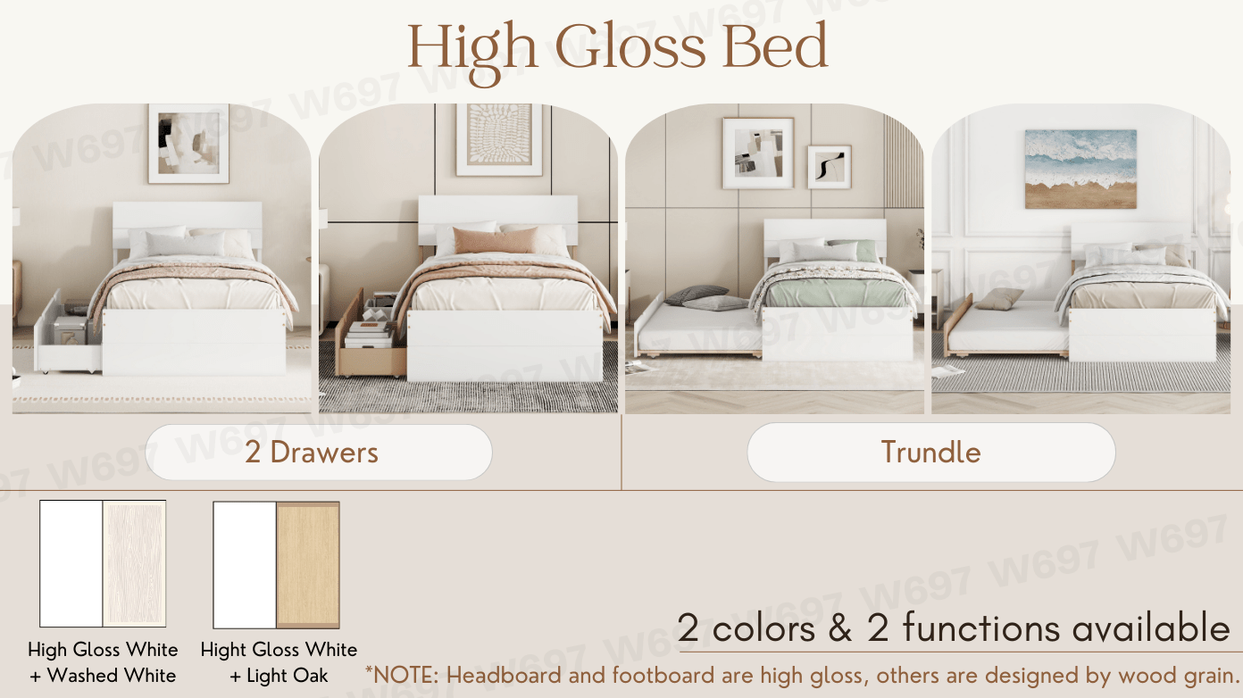 Bellemave® Modern Twin Bed Frame with Trundle, Platform Bed with High Gloss Headboard & Footboard, No Box Spring Needed - Bellemave