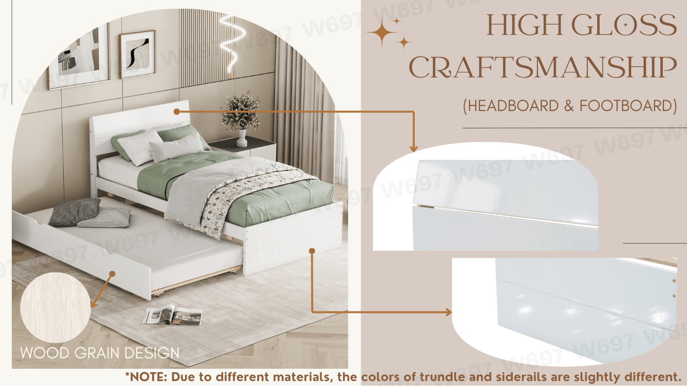 Bellemave® Modern Twin Bed Frame with Trundle, Platform Bed with High Gloss Headboard & Footboard, No Box Spring Needed - Bellemave