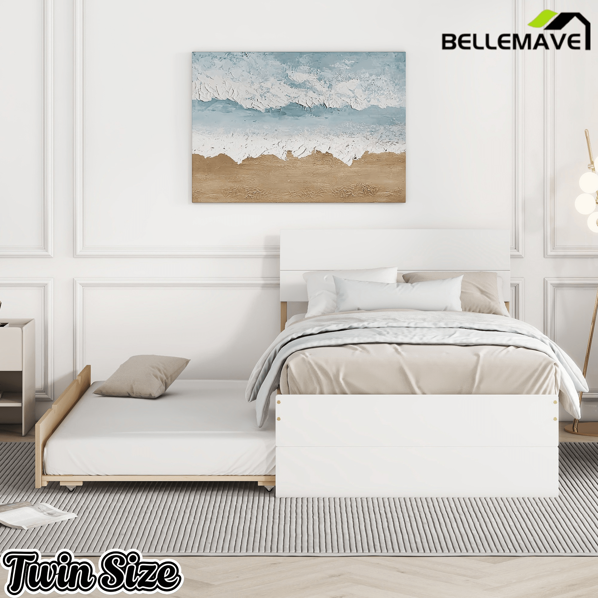 Bellemave® Modern Twin Bed Frame with Trundle, Platform Bed with High Gloss Headboard & Footboard, No Box Spring Needed - Bellemave