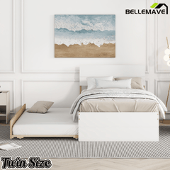 Bellemave® Modern Twin Bed Frame with Trundle, Platform Bed with High Gloss Headboard & Footboard, No Box Spring Needed - Bellemave