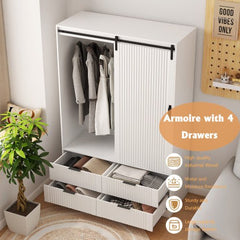 Bellemave® Modern Wardrobe with Hanging Rod and Barn Door ,Drawers and Open Shelves - Bellemave