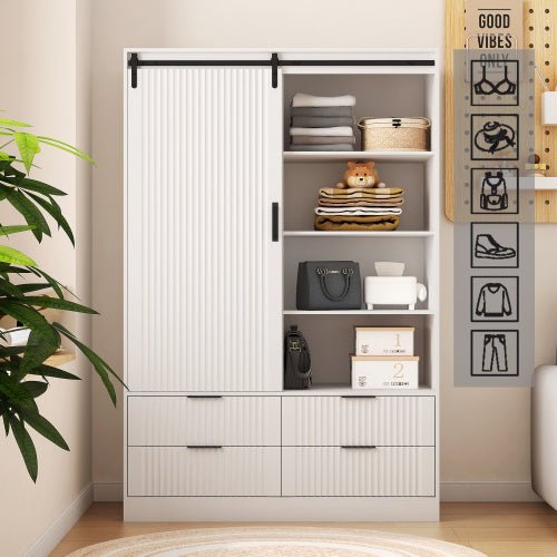 Bellemave® Modern Wardrobe with Hanging Rod and Barn Door ,Drawers and Open Shelves - Bellemave
