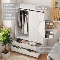 Bellemave® Modern Wardrobe with Hanging Rod and Barn Door ,Drawers and Open Shelves - Bellemave