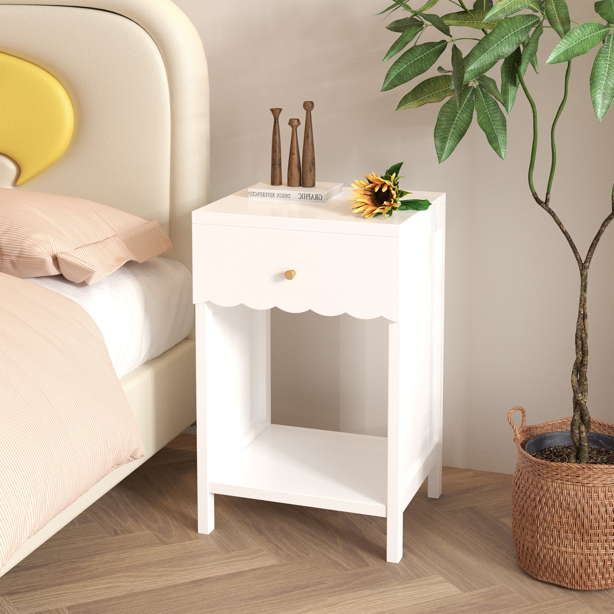 Bellemave® Modern White Nightstand with Drawer and Open Shel - Bellemave