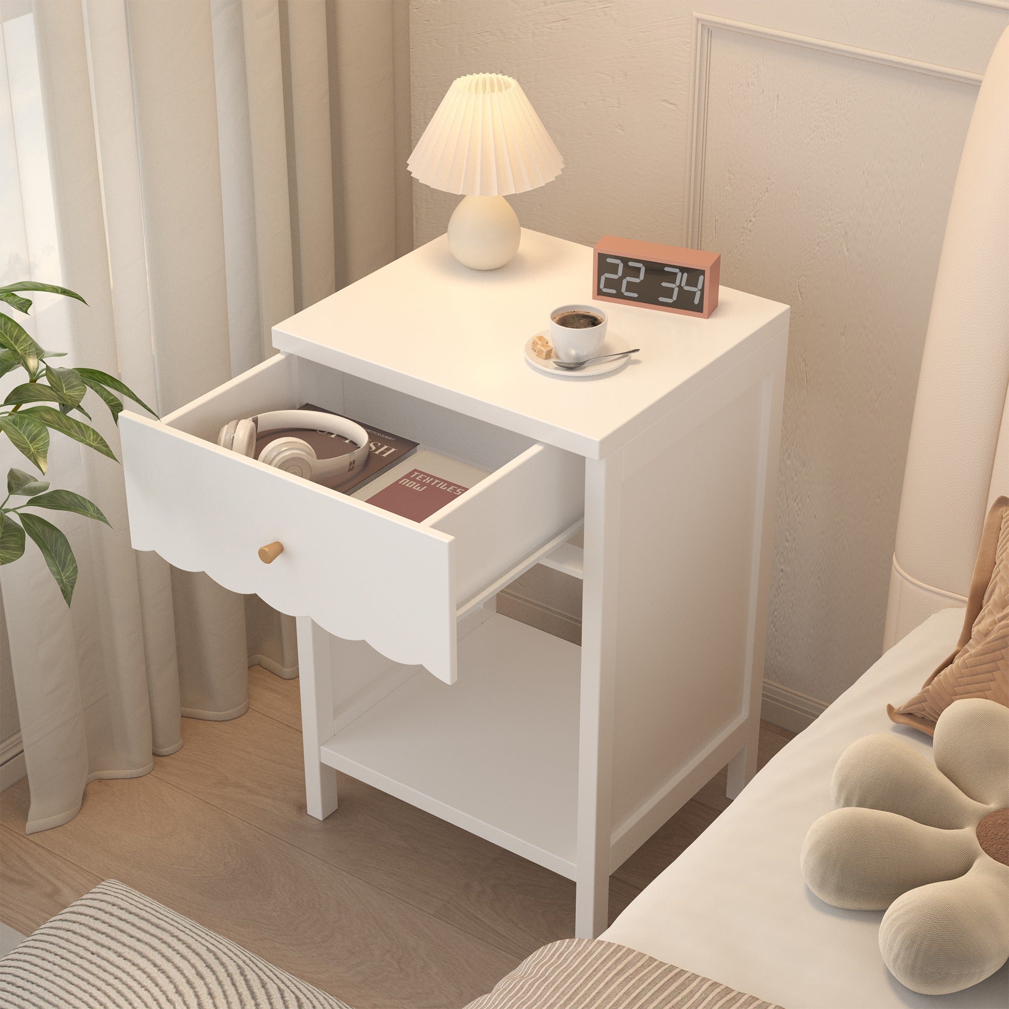 Bellemave® Modern White Nightstand with Drawer and Open Shel - Bellemave