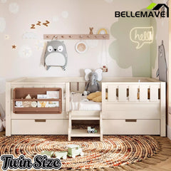 Bellemave® Montessori Bed with Stairs, Rails & Slats, Montessori Floor Bed with Bookshelf & 2 Storage Drawers for Girls & Boys - Bellemave