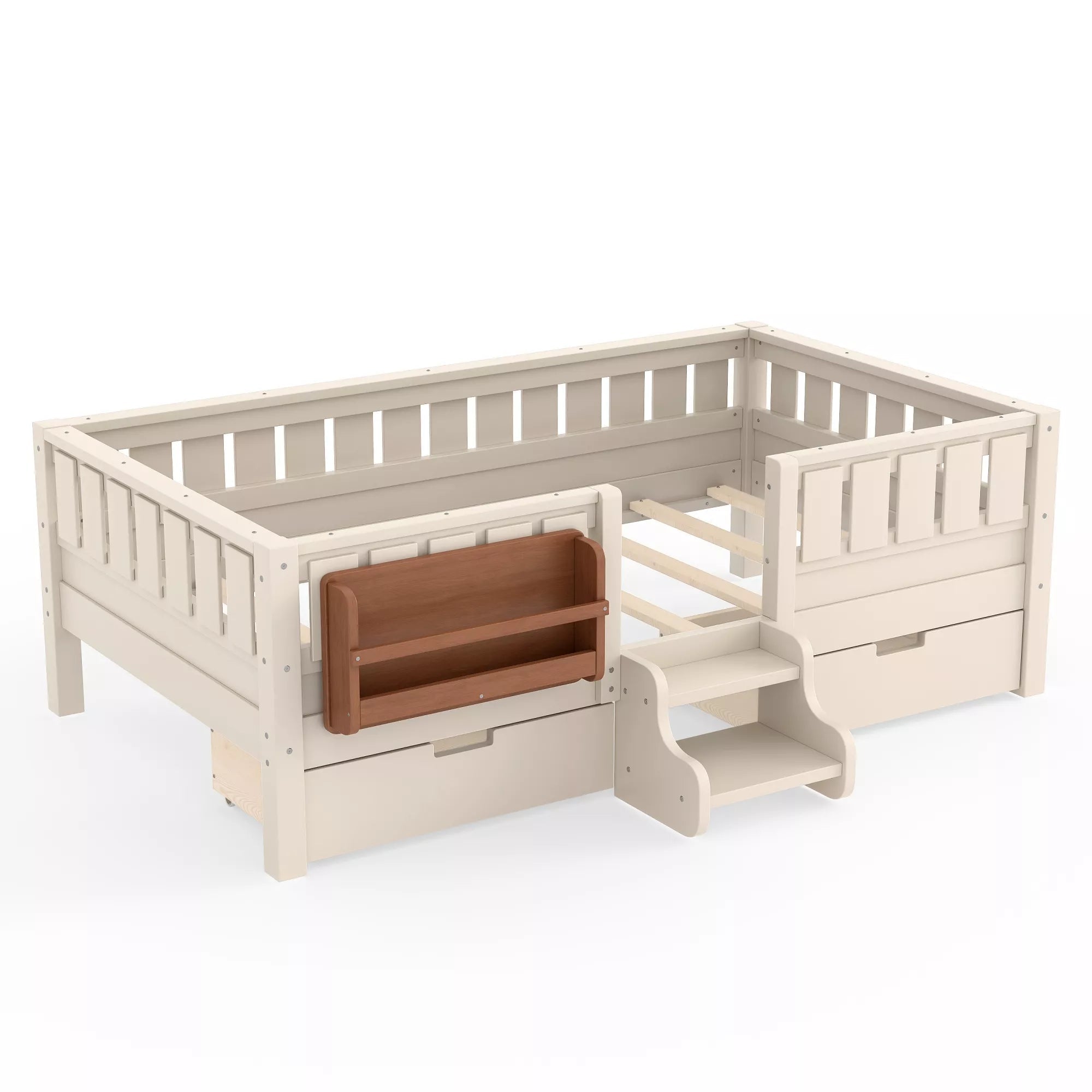 Bellemave® Montessori Bed with Stairs, Rails & Slats, Montessori Floor Bed with Bookshelf & 2 Storage Drawers for Girls & Boys - Bellemave