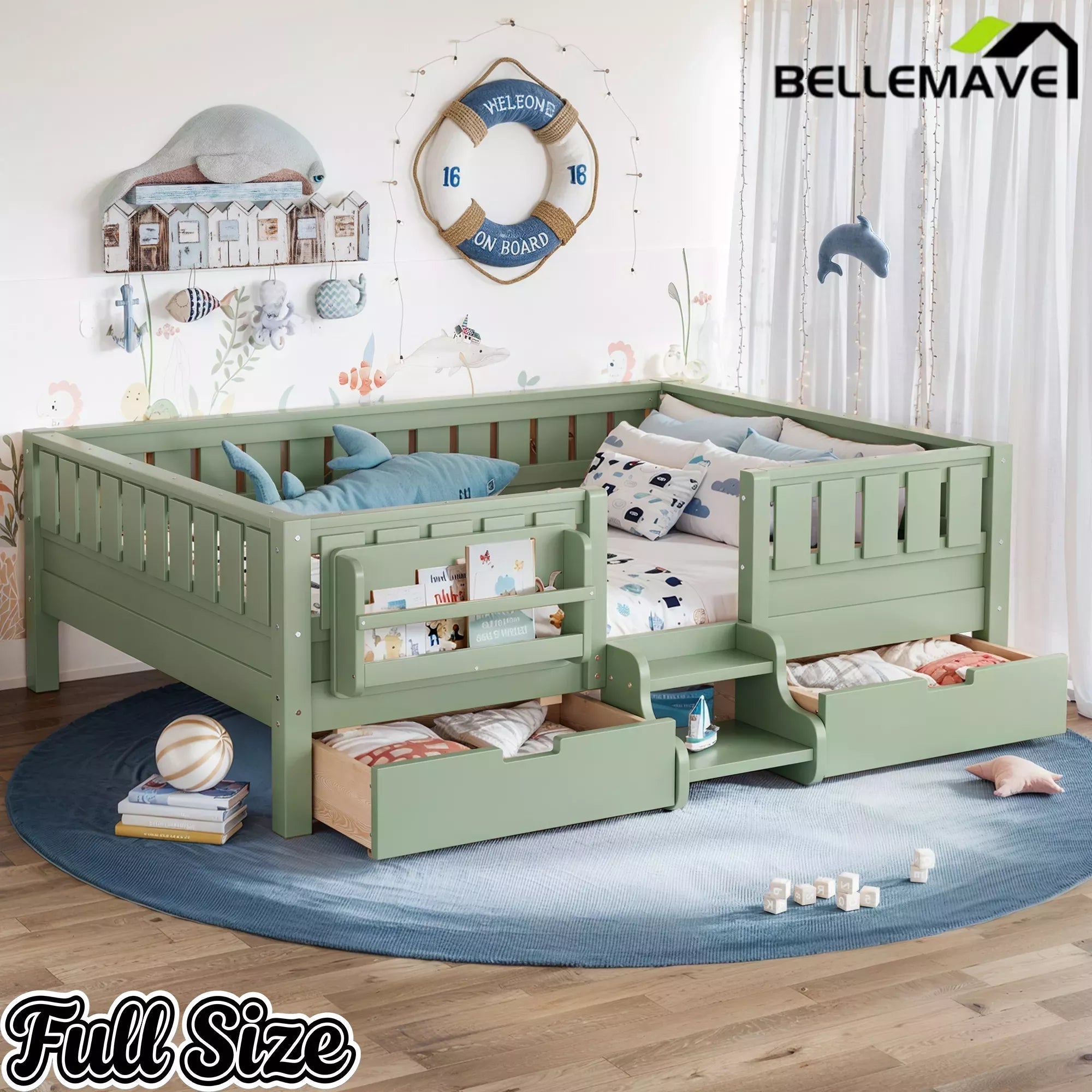Bellemave® Montessori Bed with Stairs, Rails & Slats, Montessori Floor Bed with Bookshelf & 2 Storage Drawers for Girls & Boys - Bellemave