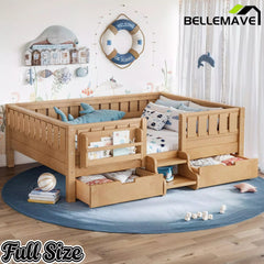Bellemave® Montessori Bed with Stairs, Rails & Slats, Montessori Floor Bed with Bookshelf & 2 Storage Drawers for Girls & Boys - Bellemave
