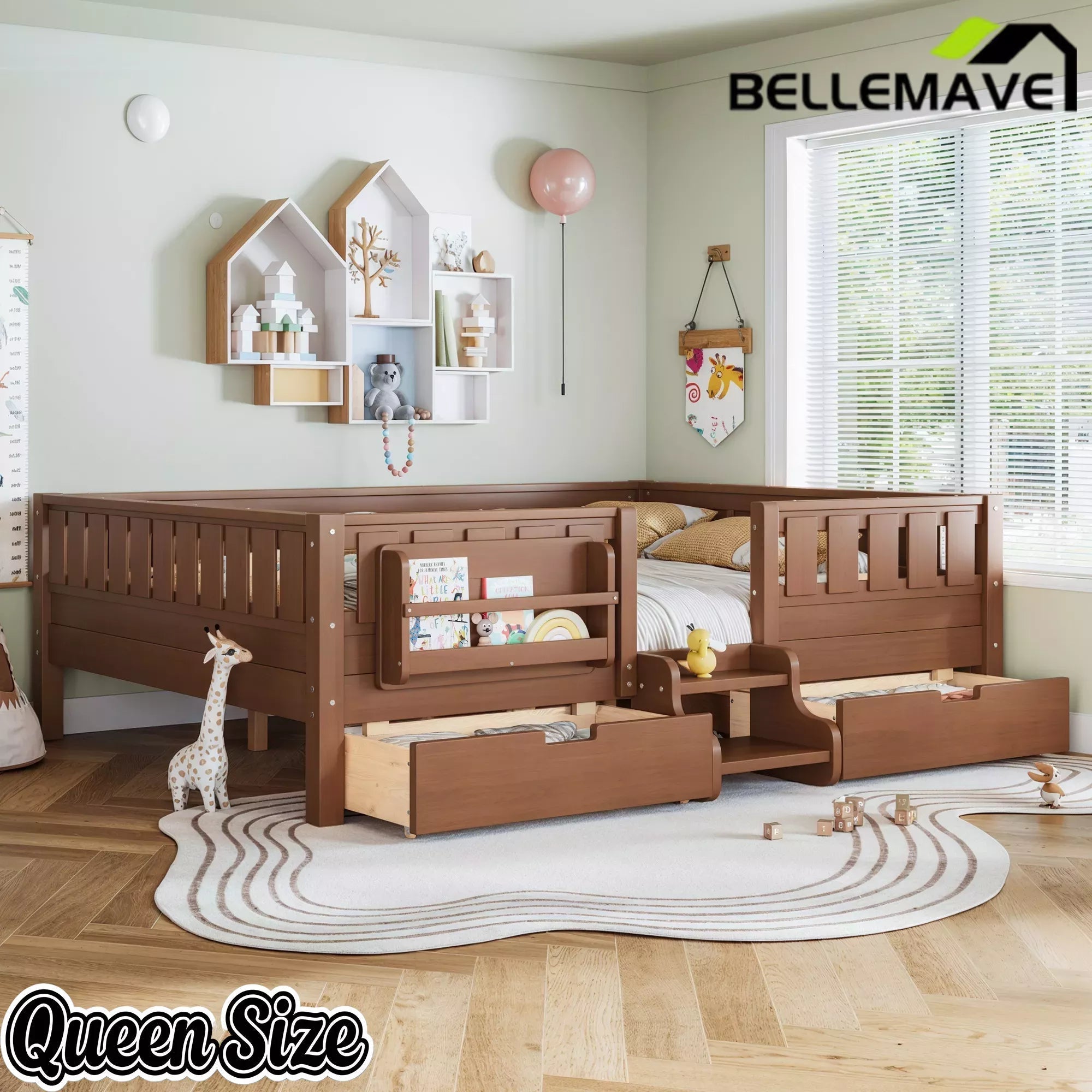 Bellemave® Montessori Bed with Stairs, Rails & Slats, Montessori Floor Bed with Bookshelf & 2 Storage Drawers for Girls & Boys - Bellemave