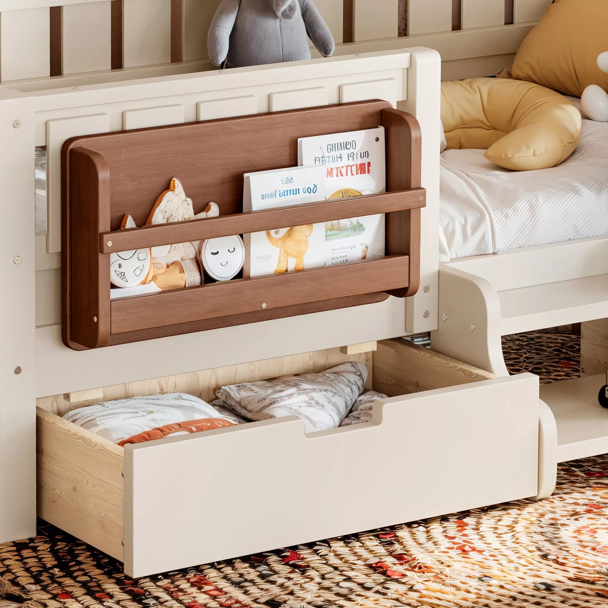 Bellemave® Montessori Bed with Stairs, Rails & Slats, Montessori Floor Bed with Bookshelf & 2 Storage Drawers for Girls & Boys - Bellemave