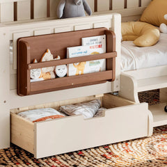 Bellemave® Montessori Bed with Stairs, Rails & Slats, Montessori Floor Bed with Bookshelf & 2 Storage Drawers for Girls & Boys - Bellemave