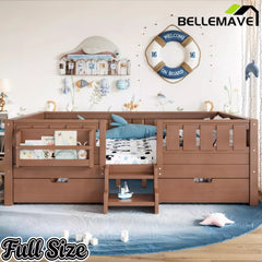 Bellemave® Montessori Bed with Stairs, Rails & Slats, Montessori Floor Bed with Bookshelf & 2 Storage Drawers for Girls & Boys - Bellemave