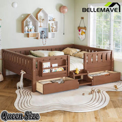 Bellemave® Montessori Bed with Stairs, Rails & Slats, Montessori Floor Bed with Bookshelf & 2 Storage Drawers for Girls & Boys - Bellemave