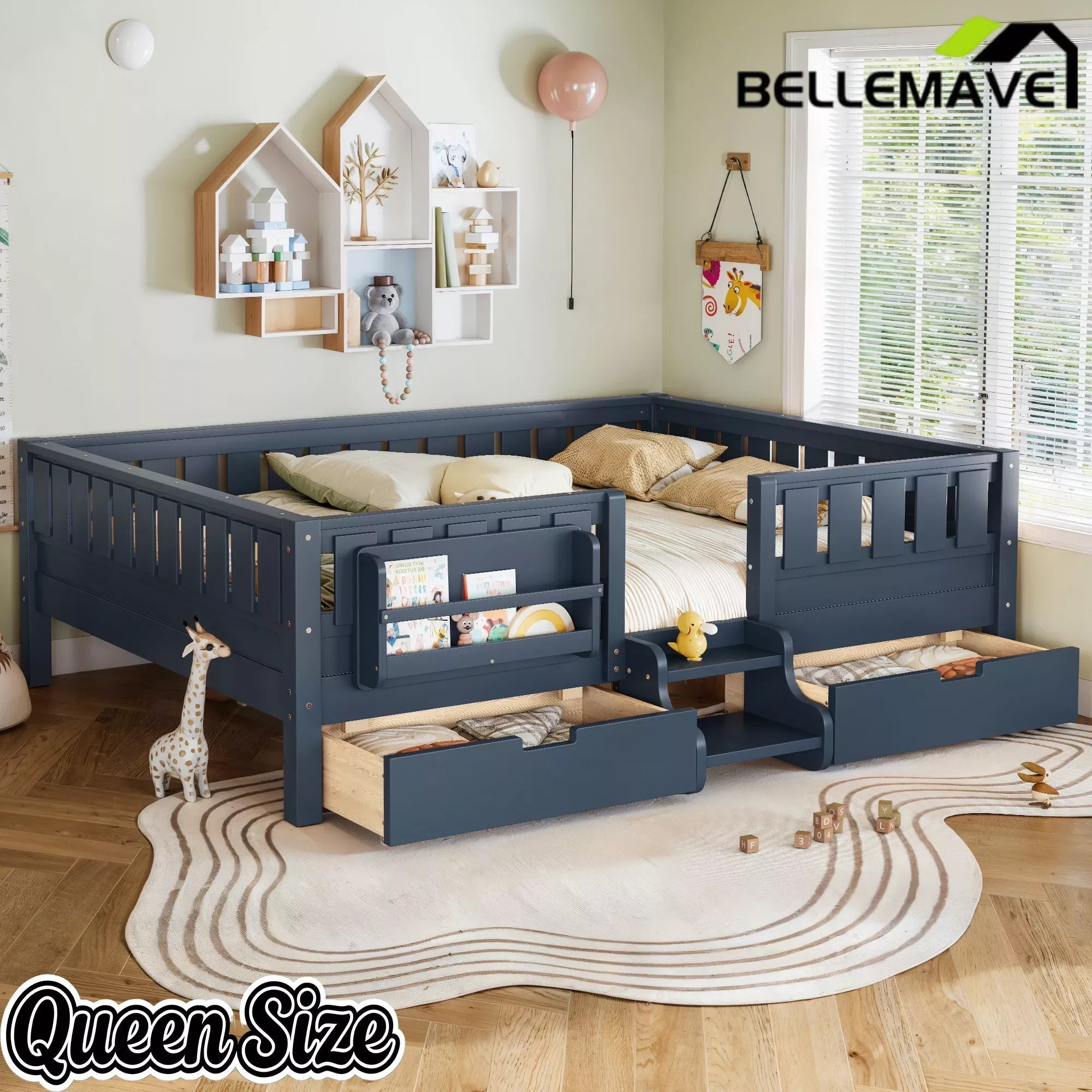 Bellemave® Montessori Bed with Stairs, Rails & Slats, Montessori Floor Bed with Bookshelf & 2 Storage Drawers for Girls & Boys - Bellemave
