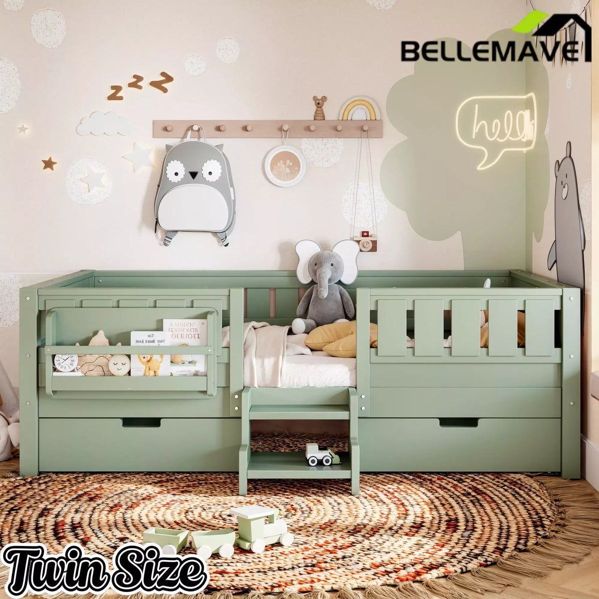 Green Montessori floor bed with bookshelves twin size