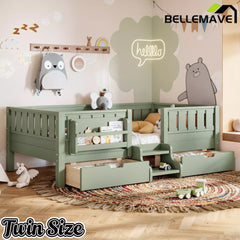 Bellemave® Montessori Bed with Stairs, Rails & Slats, Montessori Floor Bed with Bookshelf & 2 Storage Drawers for Girls & Boys - Bellemave