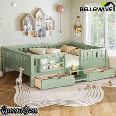 Bellemave® Montessori Bed with Stairs, Rails & Slats, Montessori Floor Bed with Bookshelf & 2 Storage Drawers for Girls & Boys - Bellemave