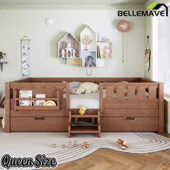 Bellemave® Montessori Bed with Stairs, Rails & Slats, Montessori Floor Bed with Bookshelf & 2 Storage Drawers for Girls & Boys - Bellemave